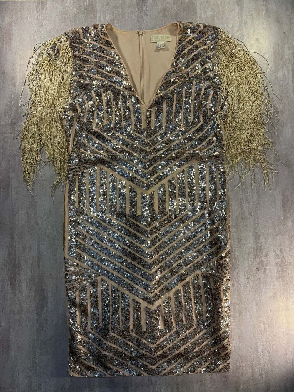 Geometric Sequin Fringe Sleeve Mini Dress Size 0X‎